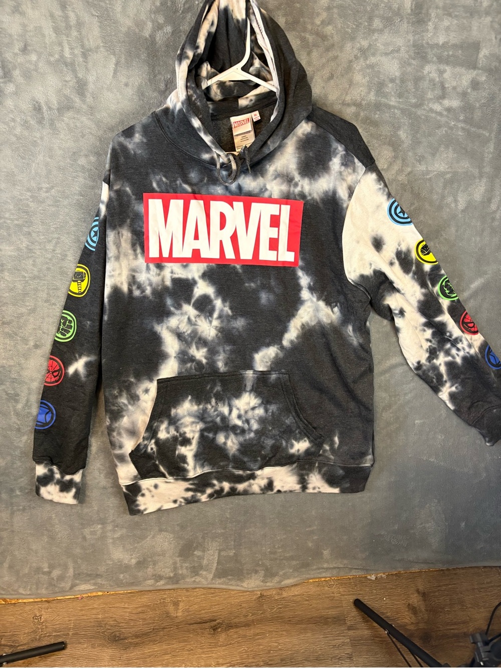 Marvel Black & White Tie-Dye Hoodie with Red Logo